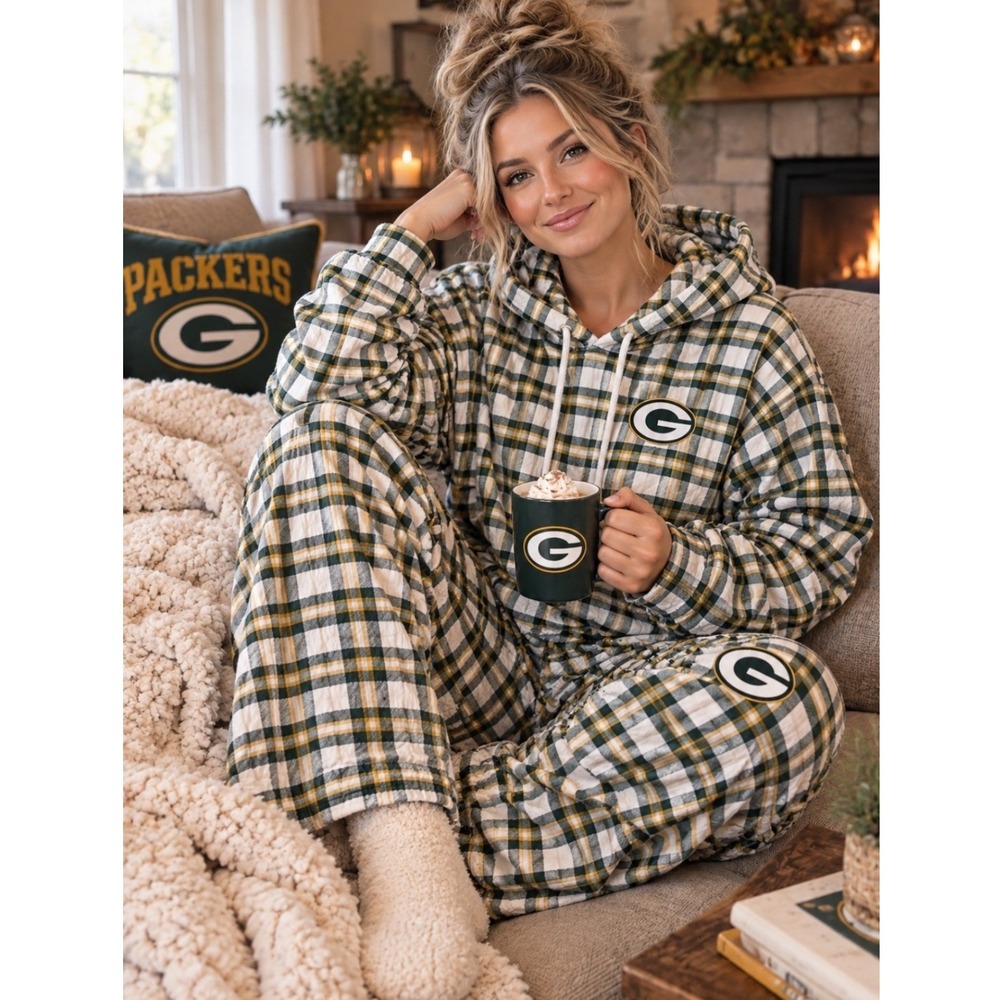 NFL Team Apparel Green Bay Packers Pajama Set Womens XL L Green Plaid